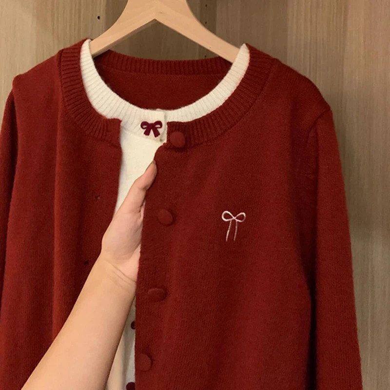 TwoPiece Bowknot Red Cardigans Women Korean Round Neck Long Sleeve Sweater Coats Woman Christmas Knitted Ladies 251028