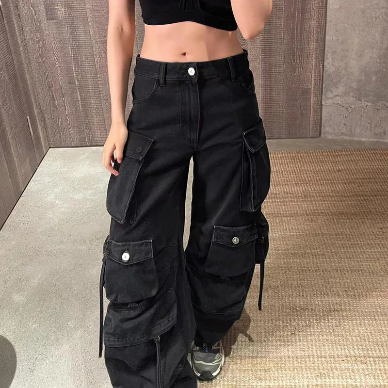 Womens HeavyDuty Washed HandPainted MultiPocket Work Pants HeavyDuty Distressed Jeans Embroidered WideLeg Pants Y2K 251029