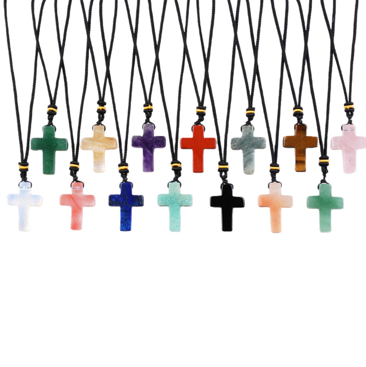 Natural Gemstone Cross Pendant Necklace, 22x30mm Crucifix with Adjustable Black Rope Chain, Religious Gift for Women Men, Unisex Healing Crystal Jewel