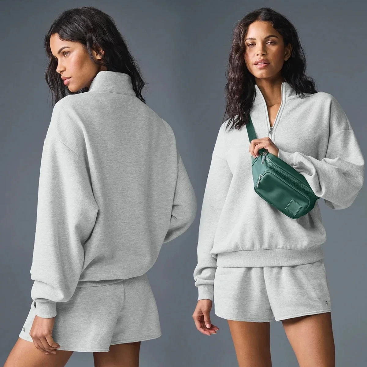 Longsleeved Solid Gray Zip Hoodie Sweatshirts Leisure Top Sport Yoga Stand Up Collar Pullover Fitness Loose Coat Autumn 251016