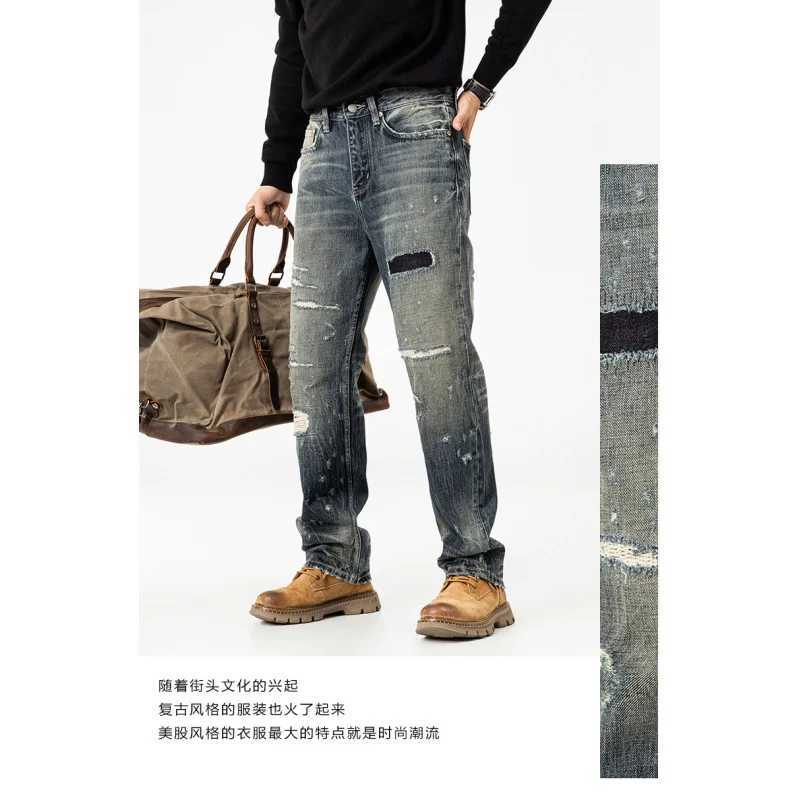 Retro jeans mens highend ripped and scraped patch design heavyweight washed nostalgic straight leg pants J251030