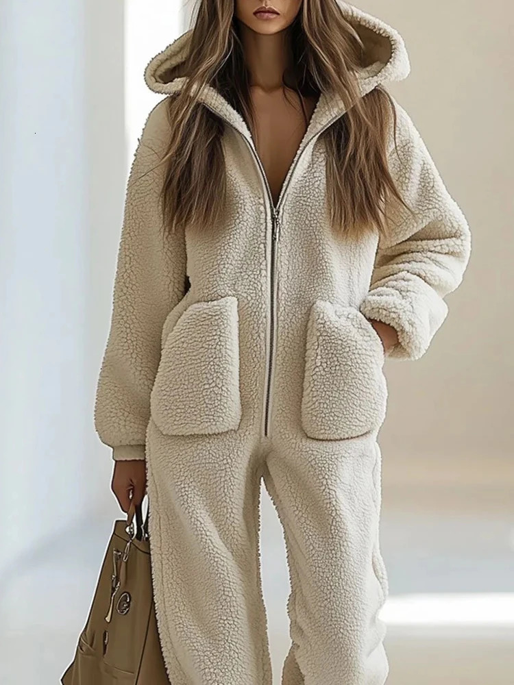 Autumn Winter Solid Color Fur Jumpsuits Elegant Long Sleeve Hoodies Playsuits Overalls Fashion Pocket Warm Commute Rompers 251029