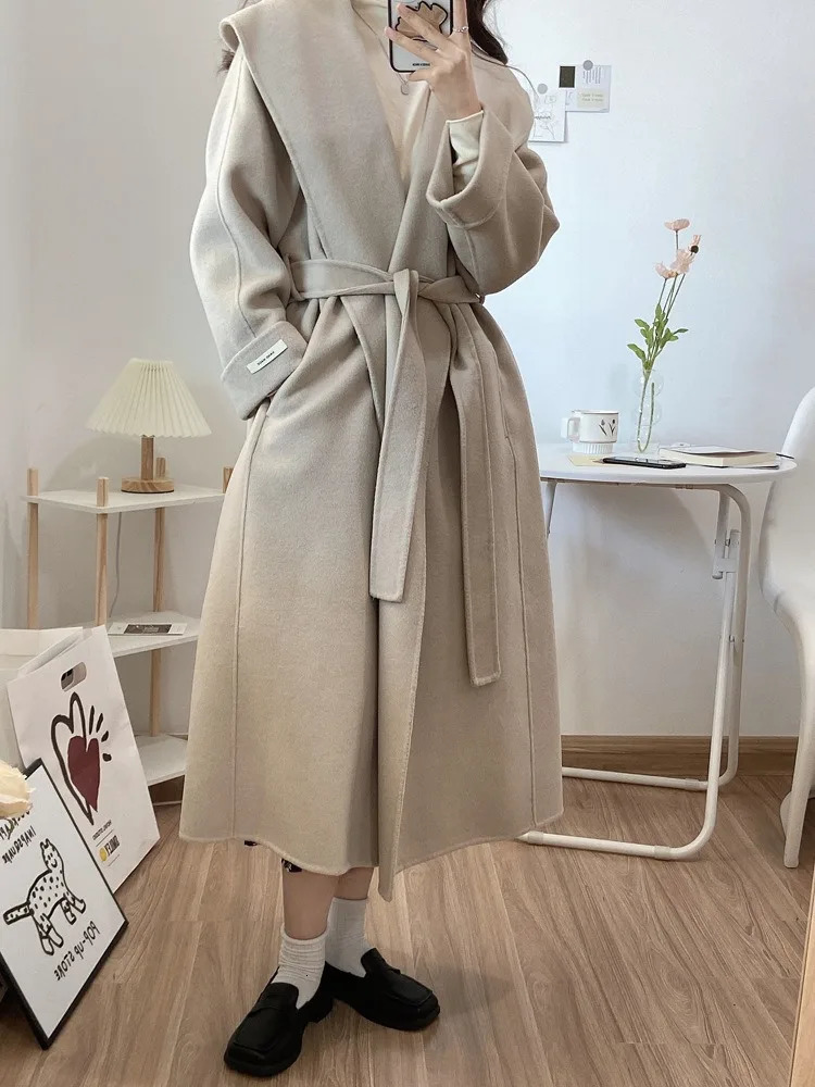 Black DoubleSided Woolen Coat Elegant Long Belt Slim Jacket Winter High Quality Large Collar Loose Wool Coats Women 251029