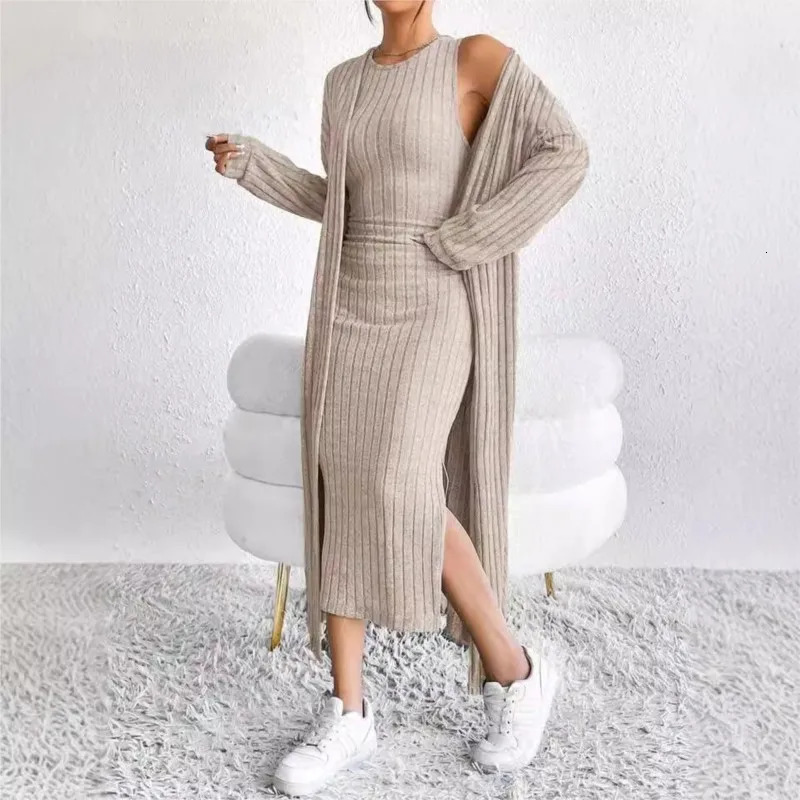 Autumn Knit Cardigan Sleeveless Dress Set Simple Solid Color Trendy Maxi Length Coat Homewear Dress 2Piece Set Womens Outfits 251028