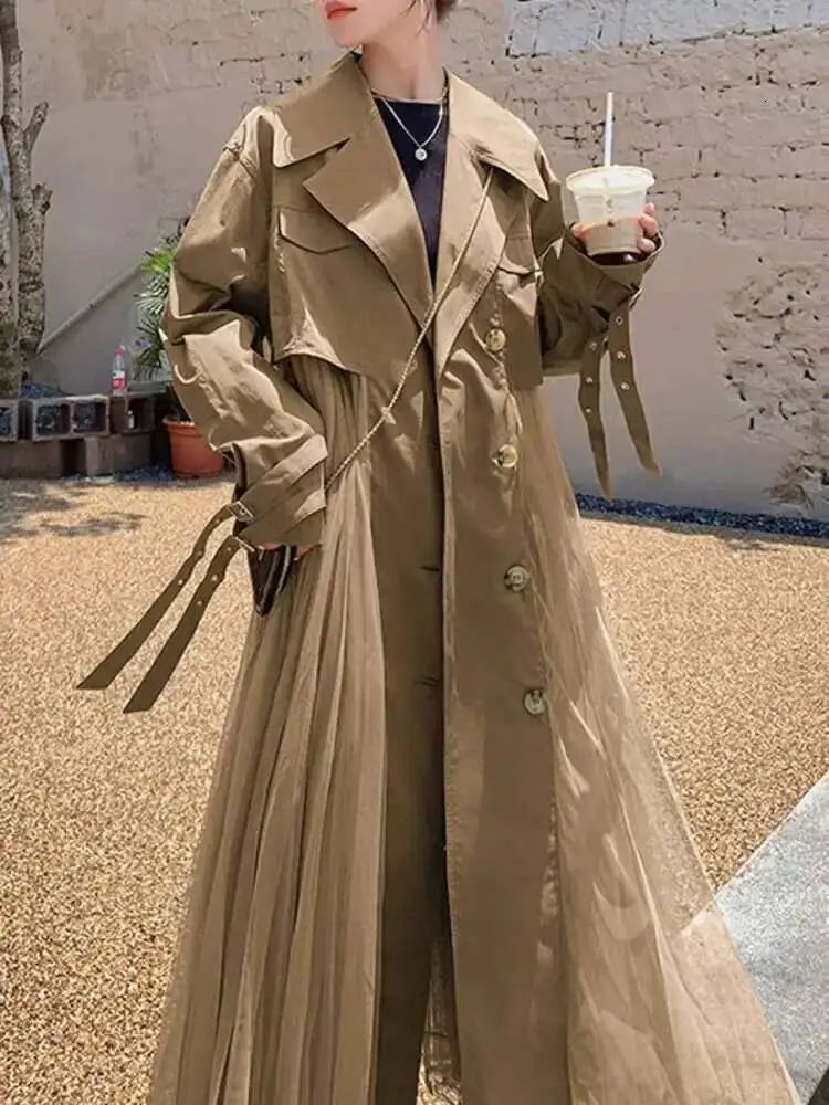 LANMREM Mesh Splicing Windbreaker For Women Lapel Long Sleeves Irregular Belt Trench Coat 2025 Spring Fashion Clothing 2DA8385 251029