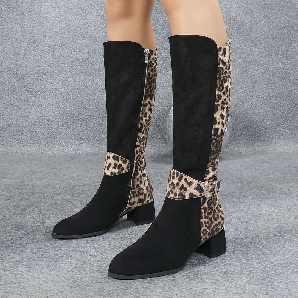 Women's Chunky Mid-Heel Leopard Print Patchwork Knight - Pointed Toe Winter Zipper Boots With TPU Sole, Black Tan Fabric Upper For Casual & Forma