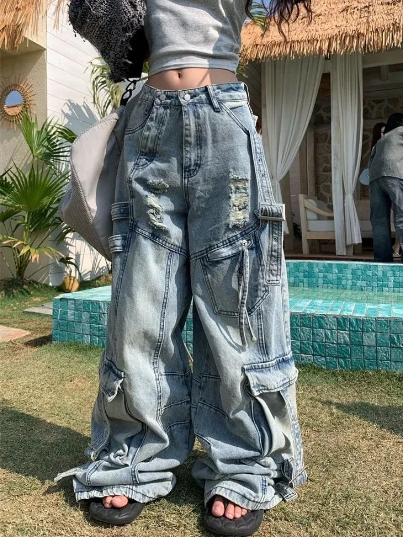 American Fashion Trends Joker Tooling Pocket Baggy Jeans Female Street Y2K Hip Hop Oversized Wideleg Pants Unisex Jeans 251029