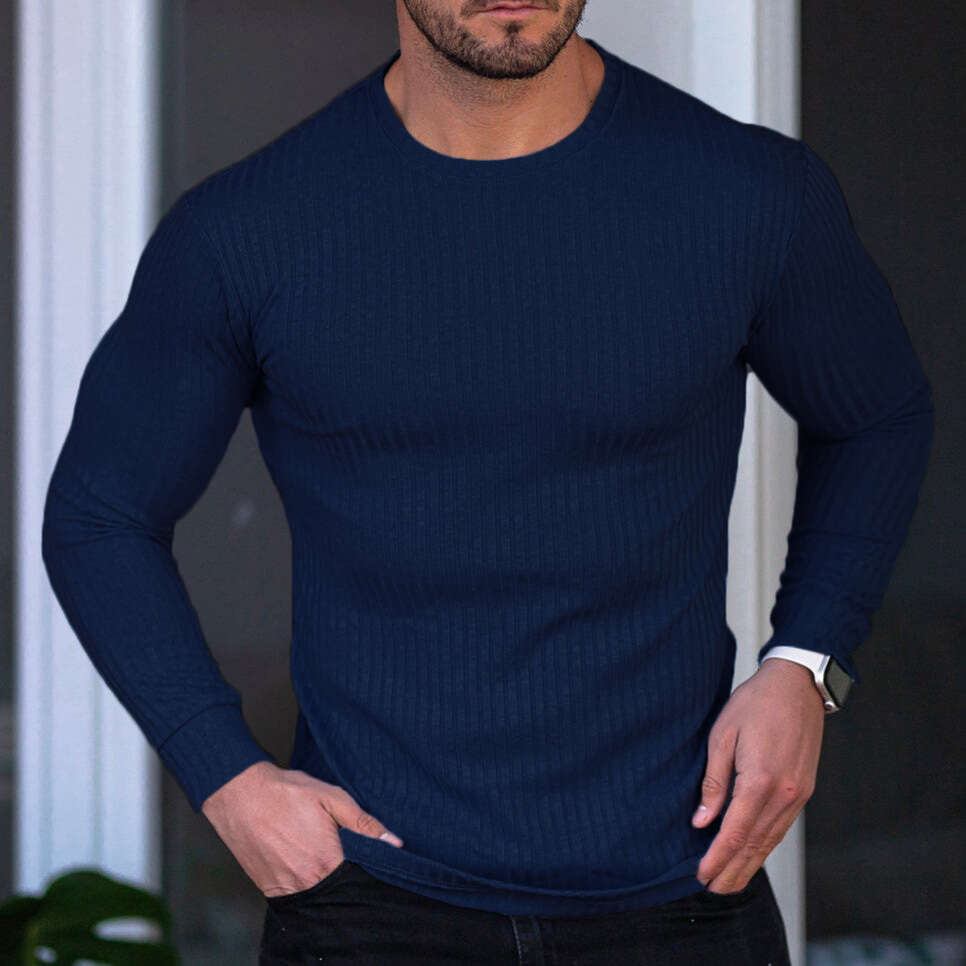 Men's Autumn Sports Fitness Casual Stand Collar Stretch Vertical Stripe Round Neck Long Sleeve T-Shirt