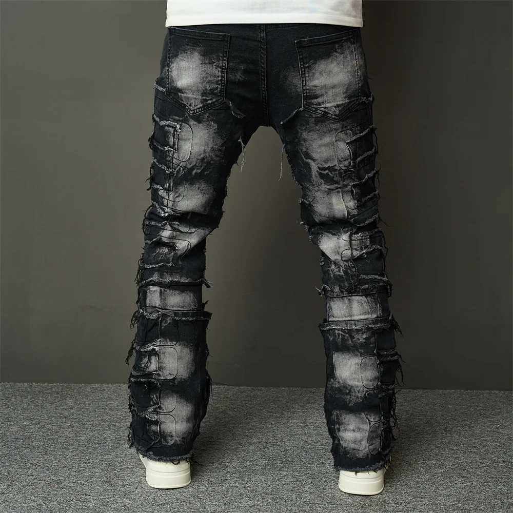 Streetwear HipHop Men Ripped Spliced Patch Straight Jeans Stylish Male Distressed Loose Biker Denim Pants J251030