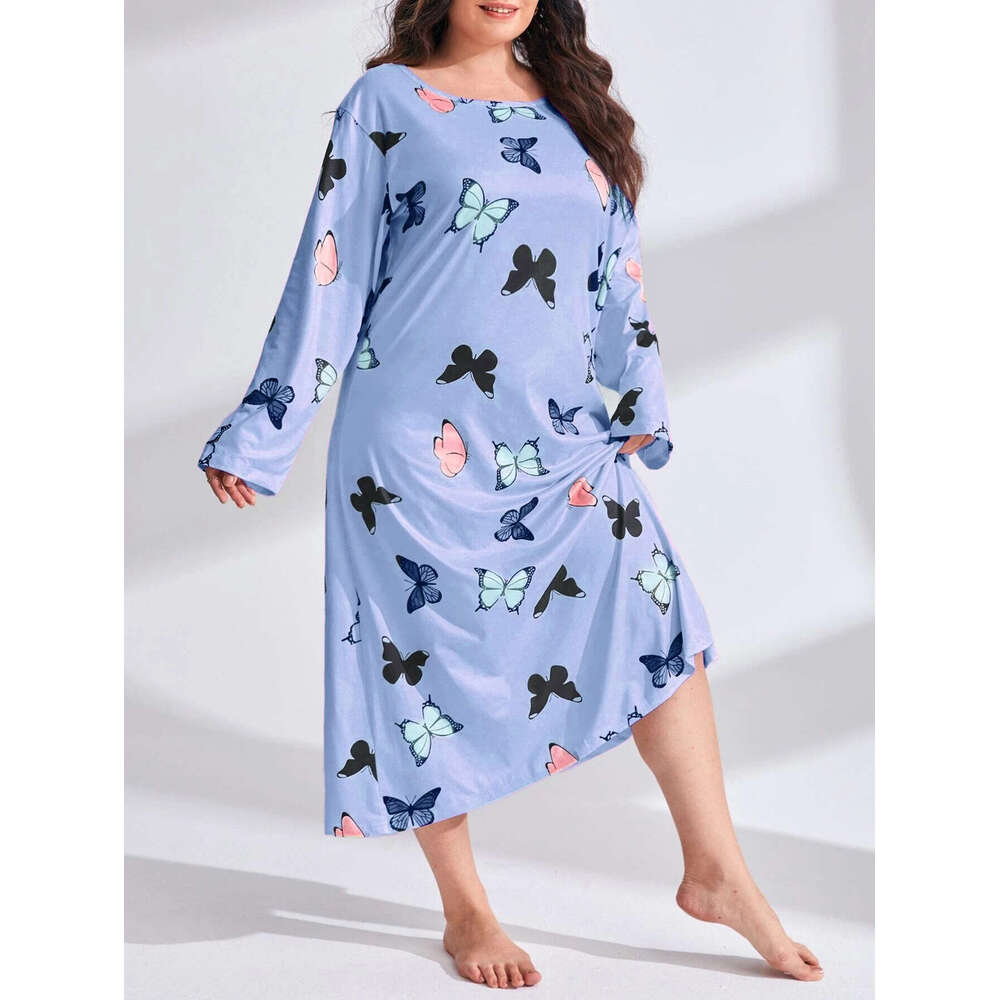 2025 Plus Size Women's Sleeve Butterfly Heart Leopard Print Off-Shoulder Long Nightdress Dress
