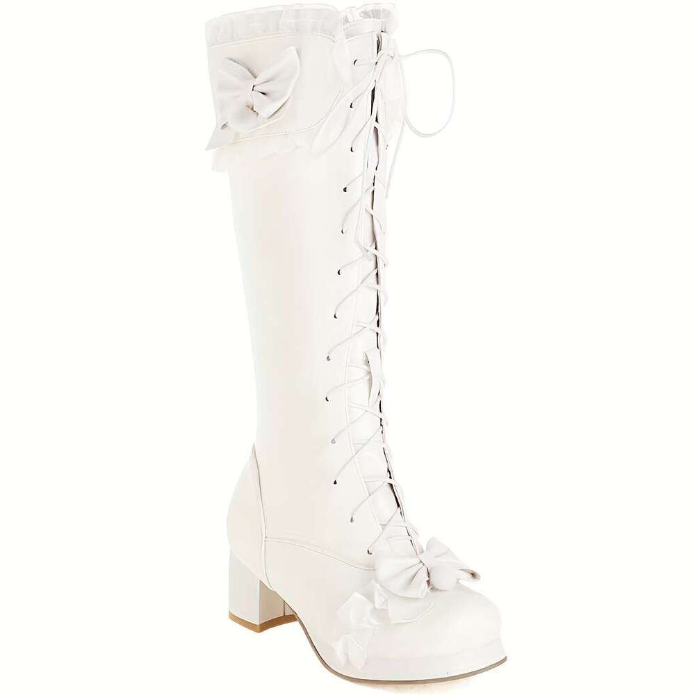 EROCALLI Women's Lace-Up Knee-High Boots With Bow Detail, Chunky Heel Side Zipper - PU Cover Dress Booties For All-Season Comfort, Casual & Wear,