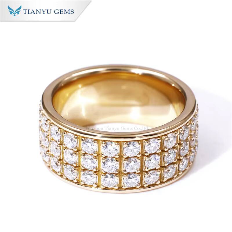 Tianyu Gems 414ctw Moissanite 3 Rows Pave Diamond Men Ring 25mm Round Cut Colorlss White Stone Band 14k 18k Yellow Gold Rings