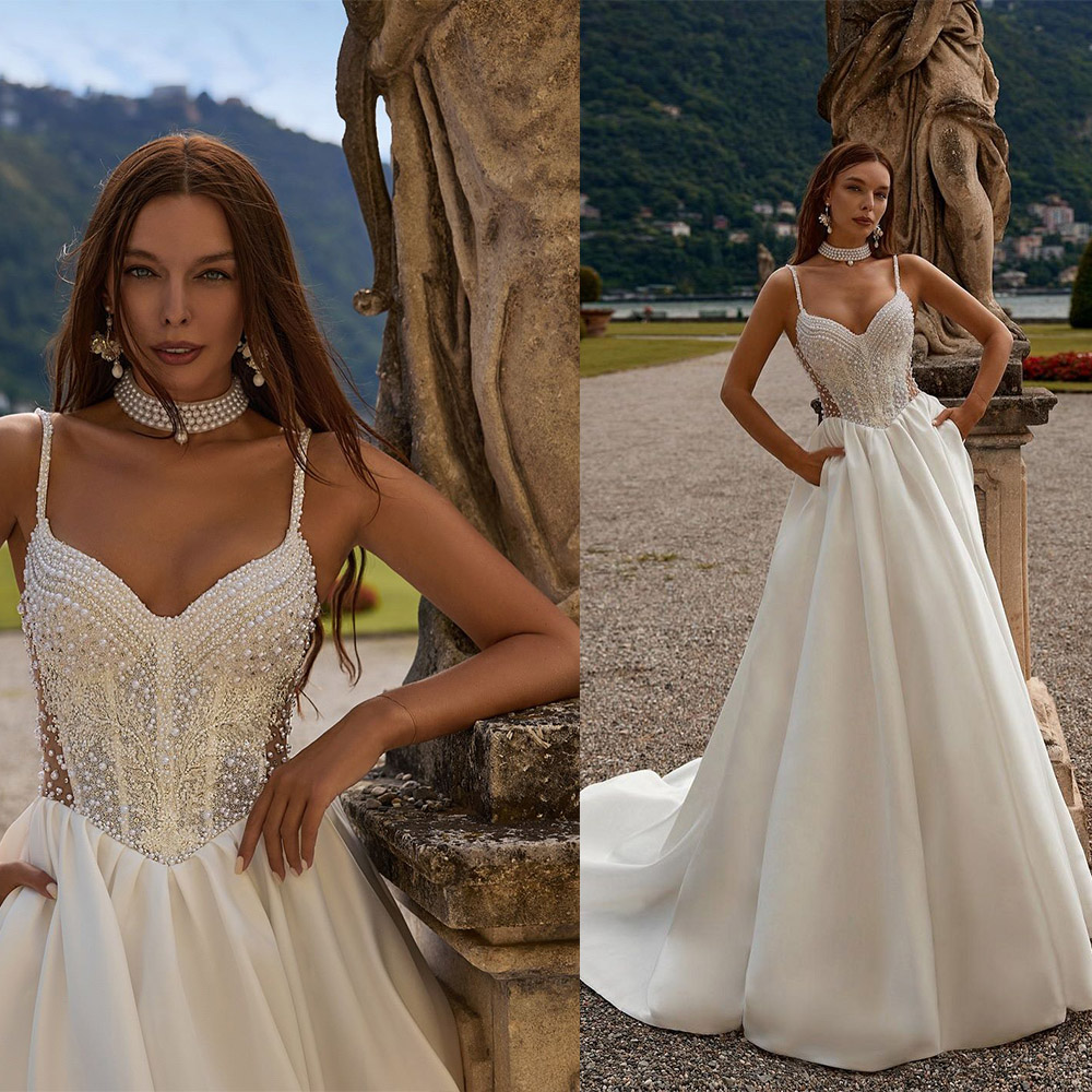 Elegant A Line Women Wedding Dress Spaghetti Straps Sleeveless Bridal Gowns Sequins Pearls Beaded Sweep Train Dress Custom Made vestidos de novia