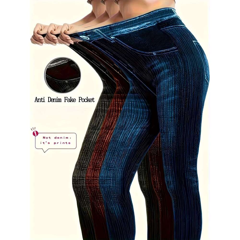 3pcs Imitation Denim Print Leggings Set