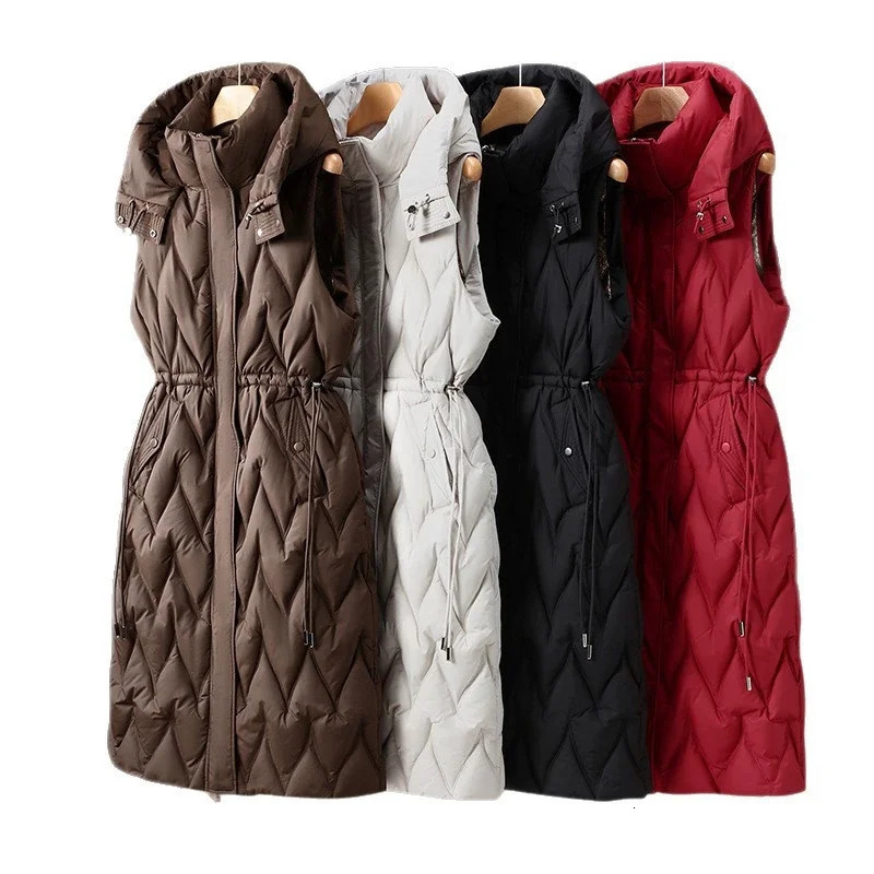 Women Autumn Winter Coat Mid Long down Cotton Vest Korean Hooded Sleeveless Jacket Female Waistcoat Outwear Chaleco Mujer 251024