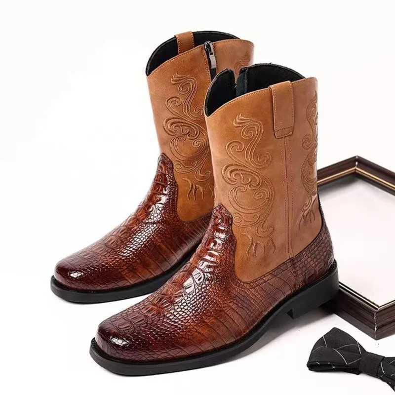 Classic Mens Boots British Retro Riding Boots Man Embossed Leather Embroidery Knight Boots MidCalf Style Casual Shoes Man New Z251029