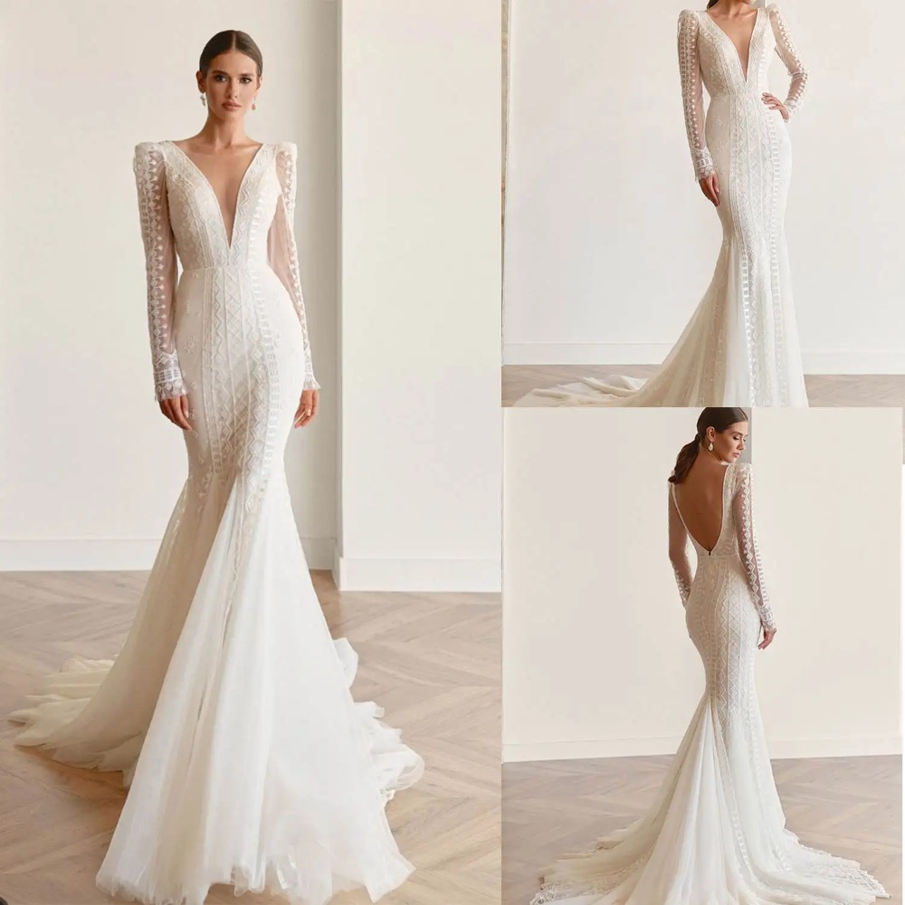 Modern Mermaid Gown Wedding Dresses Simple Pattern Lace Bridal Gowns Big Size V-Neck Vestidos De Novia Custom Size Colour