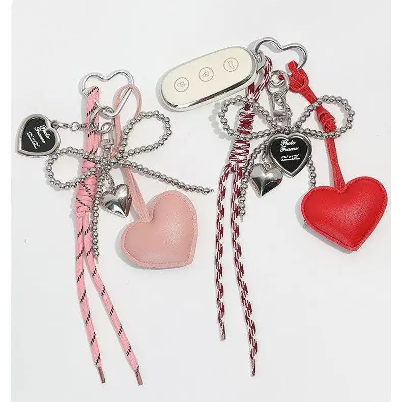 Womens Bag Pendants Korean Cute Beaded Leather Heart Kawaii Bow Sweet Bag Charms Multifunctional Highquality Keychain 251030