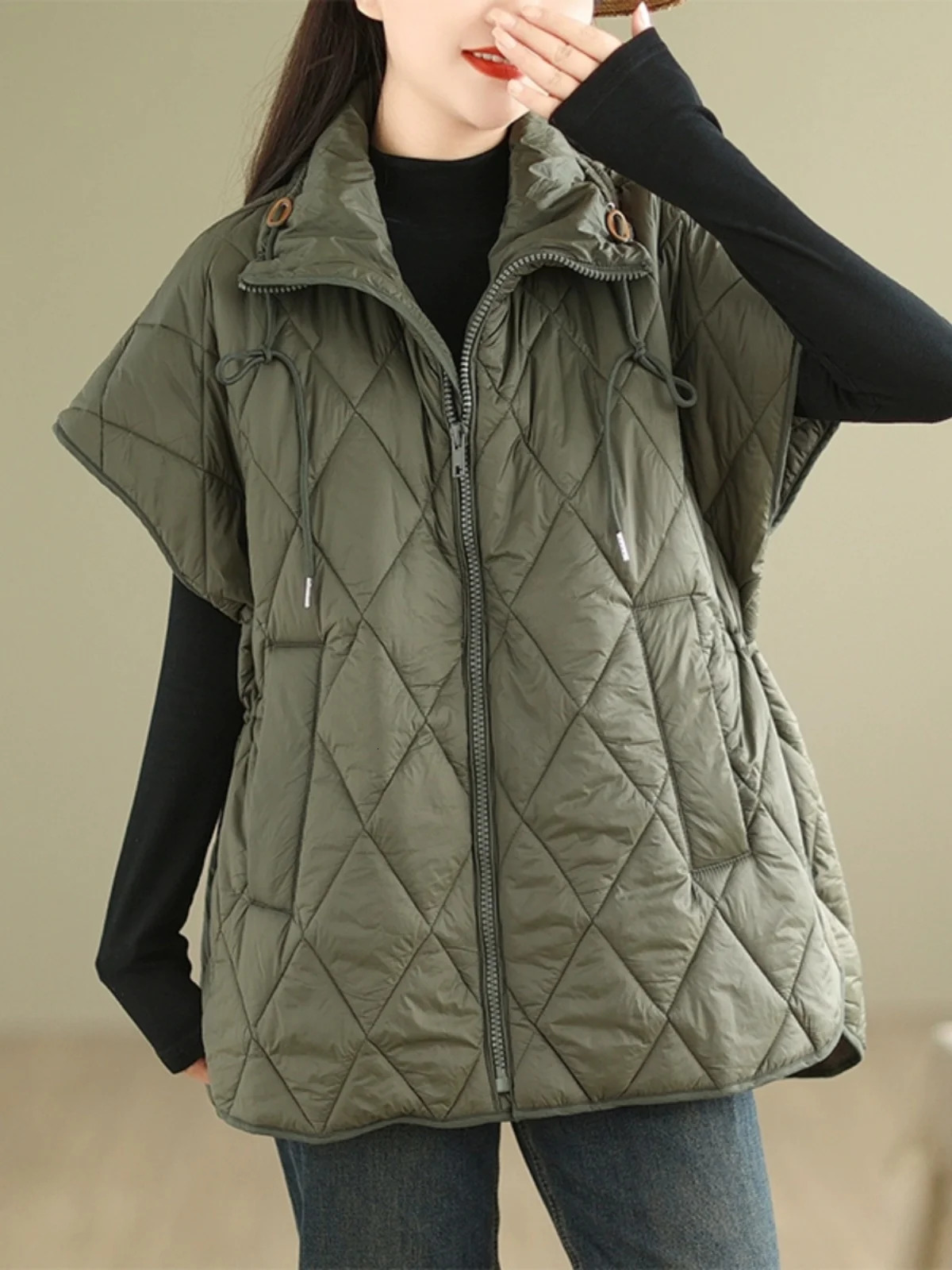 2025 Autumn Winter Loose Commute Cotton Jaet Womens Sle Diamond id down Cotton Vest Simple Matching Outerwear 251029