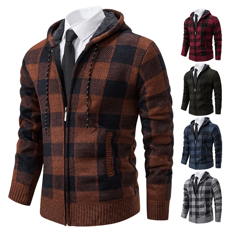 Autumn Winter Mens Cardigan Fashion Plus Velvet Padded Knit Jumpers Male Sweater Hooded Plaid Korean Coat 251017