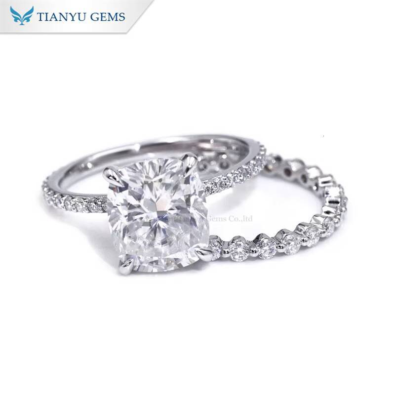 Tianyu Gems 14k Solid White Gold 8796mm Cushion Cut Moissanite Diamond DEF VVS1 Fashion Jewelry Ring Set for Girls