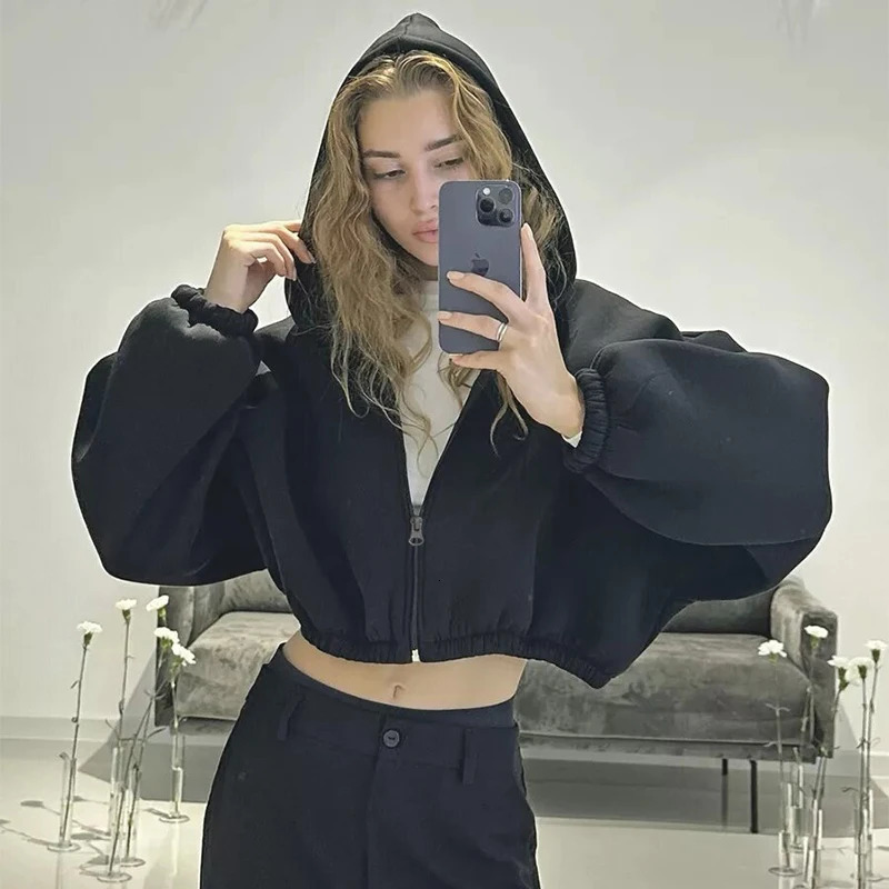 Fall Womens Fashion Zipper Hoodie Cropped Jacket Y2k Solid Color Short Cardigan Long Sleeve Loose Surcoat For Female Sweatshirt 251030