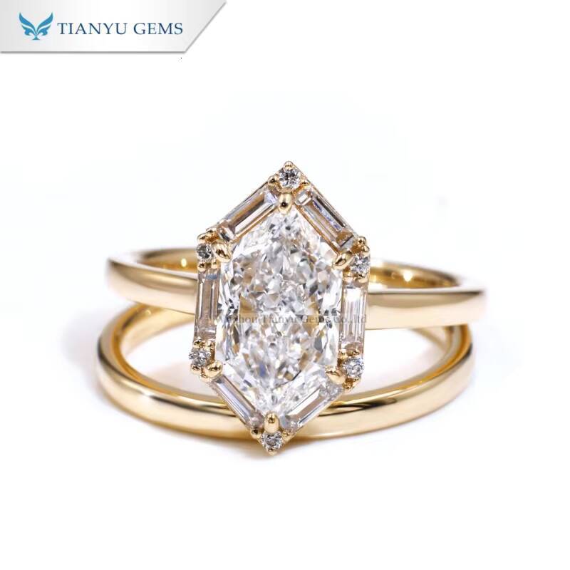 Tianyu gems Custom Made 45ct Hexagon Cut And Baguette Cut DEF VVS1 Moissanite 10k Yellow Gold Jewelry Ring Set
