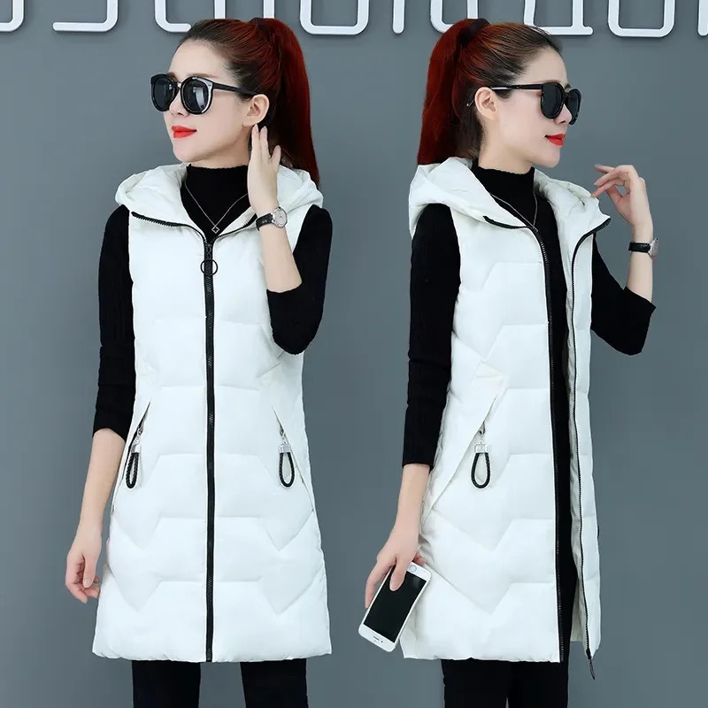 2025 Winter Sleeveless Waistcoat Women Warm Puffer Jacket Ultra Light Mid Long Down Cotton Vests Female Outwear Casual Tops 251029