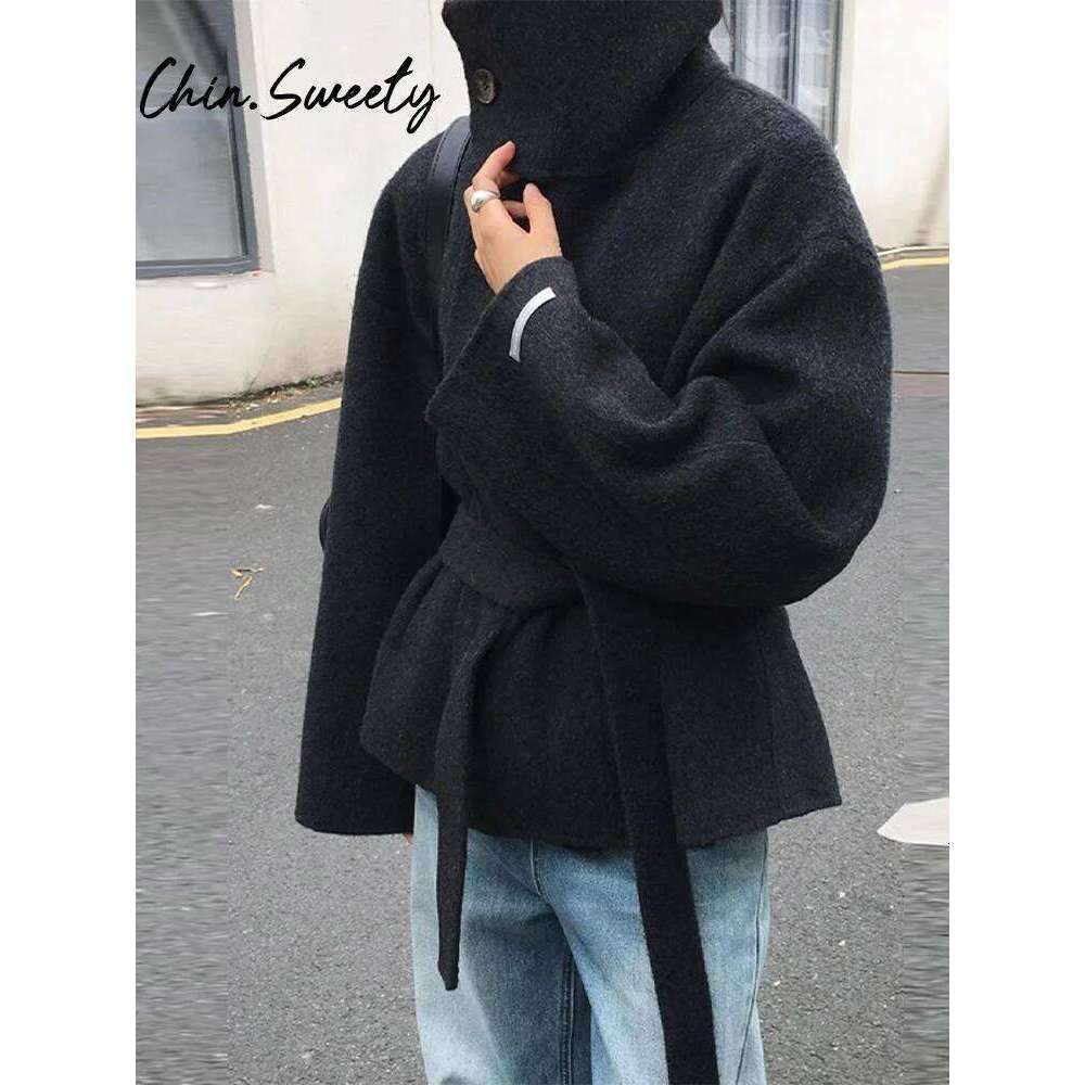 Urban Woolen Belt Women Coat Casual Long Sleeve Button Patchwork Female Jacket 2025 Autumn Winter Fashion Lady Streetwear