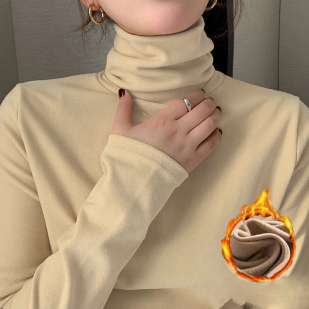 Womens Thermal Underwear High Collar Autumn Winter Thickening Solid Soft Longsleeved Tshirt Pile Collar Warmer Tops For Women 251030