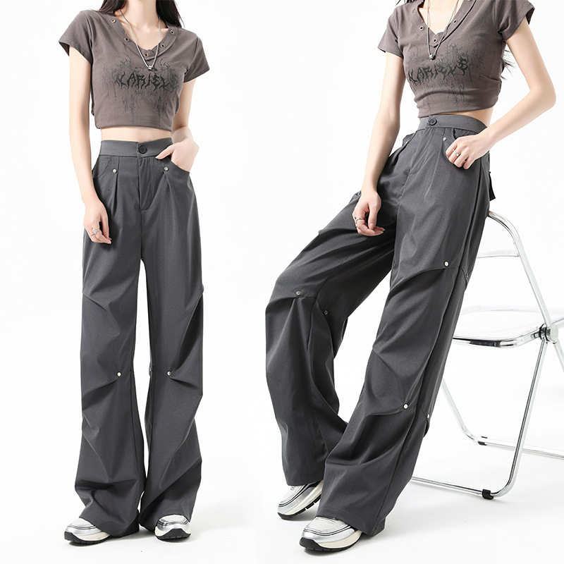 Designer Luxury American Women's Work Pants, Autumn And Winter, Wool Lining, High Waist, Slim Fit, Straight Legs, Rivets, Pleats, Loose, Wide Leg