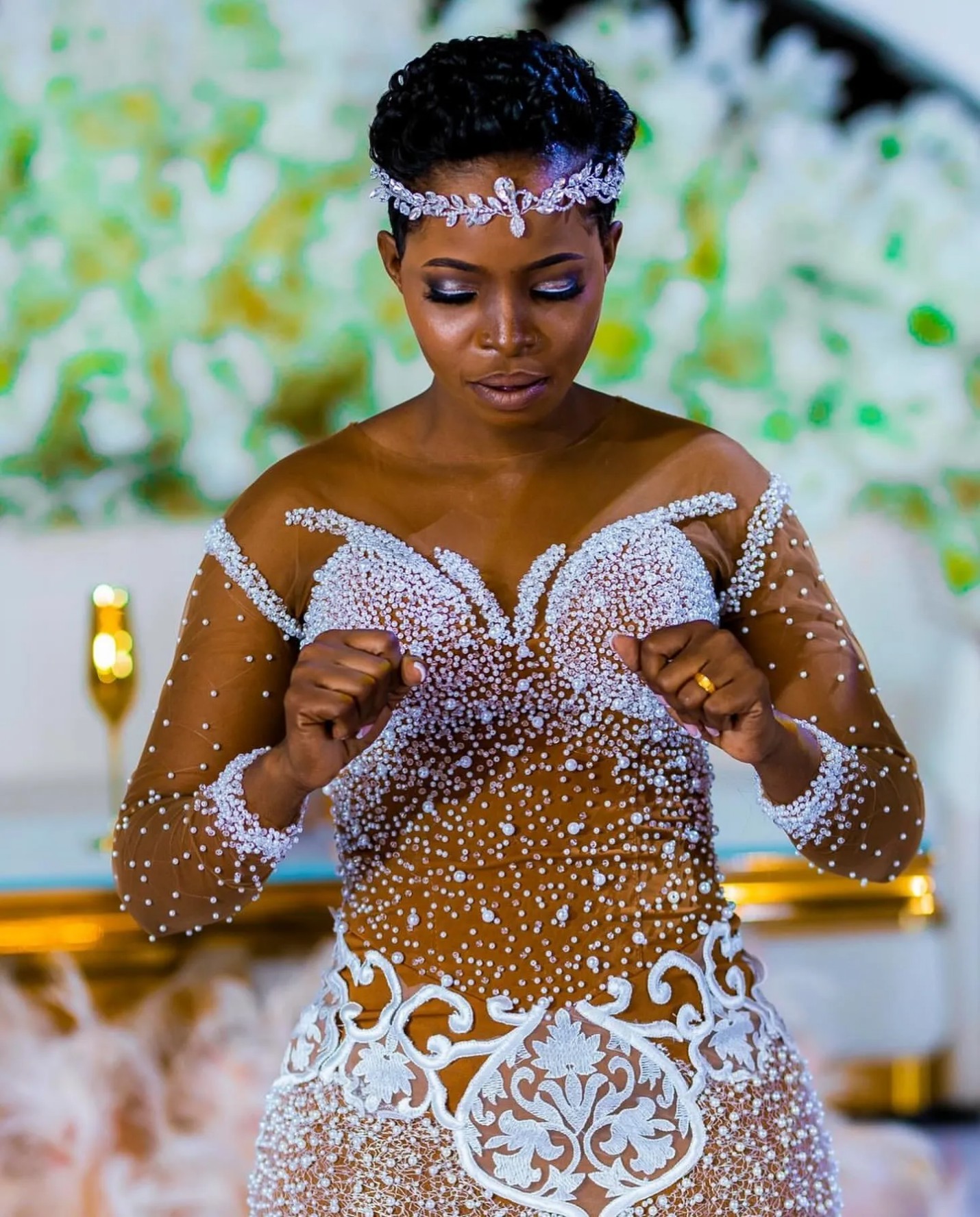 Gold Mermaid Wedding Dresses Plus Size Lacefull Full Sleeves Lace Crystals Bridal Gowns Dress Vestidos De Novia