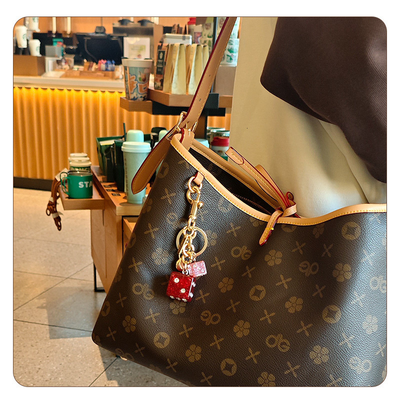 C Brand Two-tone Dice Bag Pendant with Rhinestones Keychain Elegant Fashionable Personality Accessory