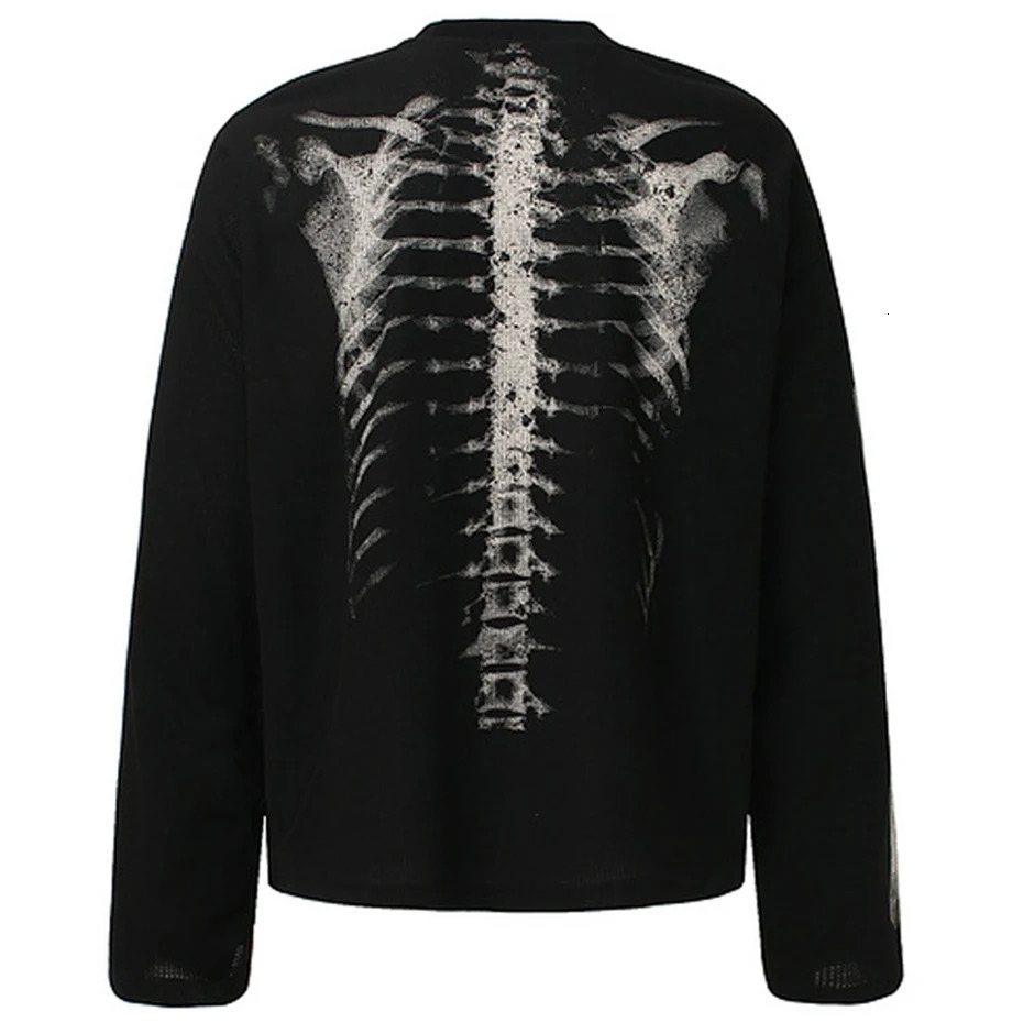 Skeleton Graphic Tshirts Men Streetwear Harajuku Hip Hop Oversized T Shirts Long Sleeve Tee Tops Black Beige 251028