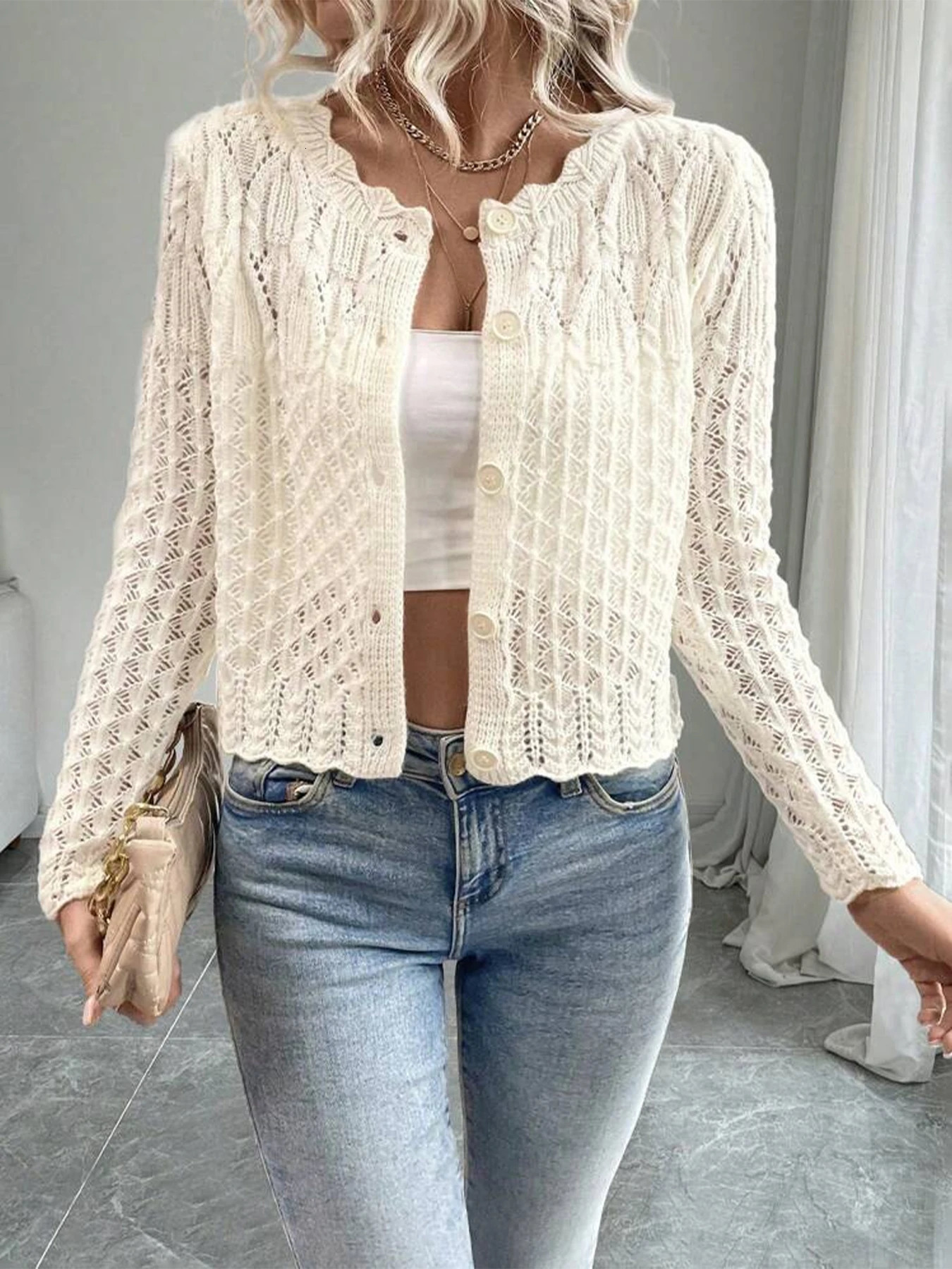 Spring and Autumn Womens Elegant Solid Color Round Neck Hollow Button Front Cardigan Sweater 251029