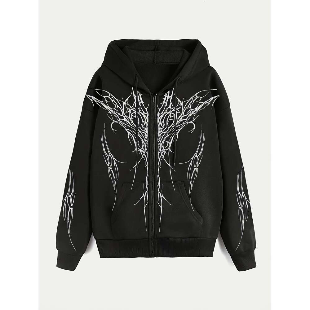 Women S Fashion Hoodie With White Line Art Design Casual Polyester Knit Fabric All Season Zippered Hooded Sweatshirt
