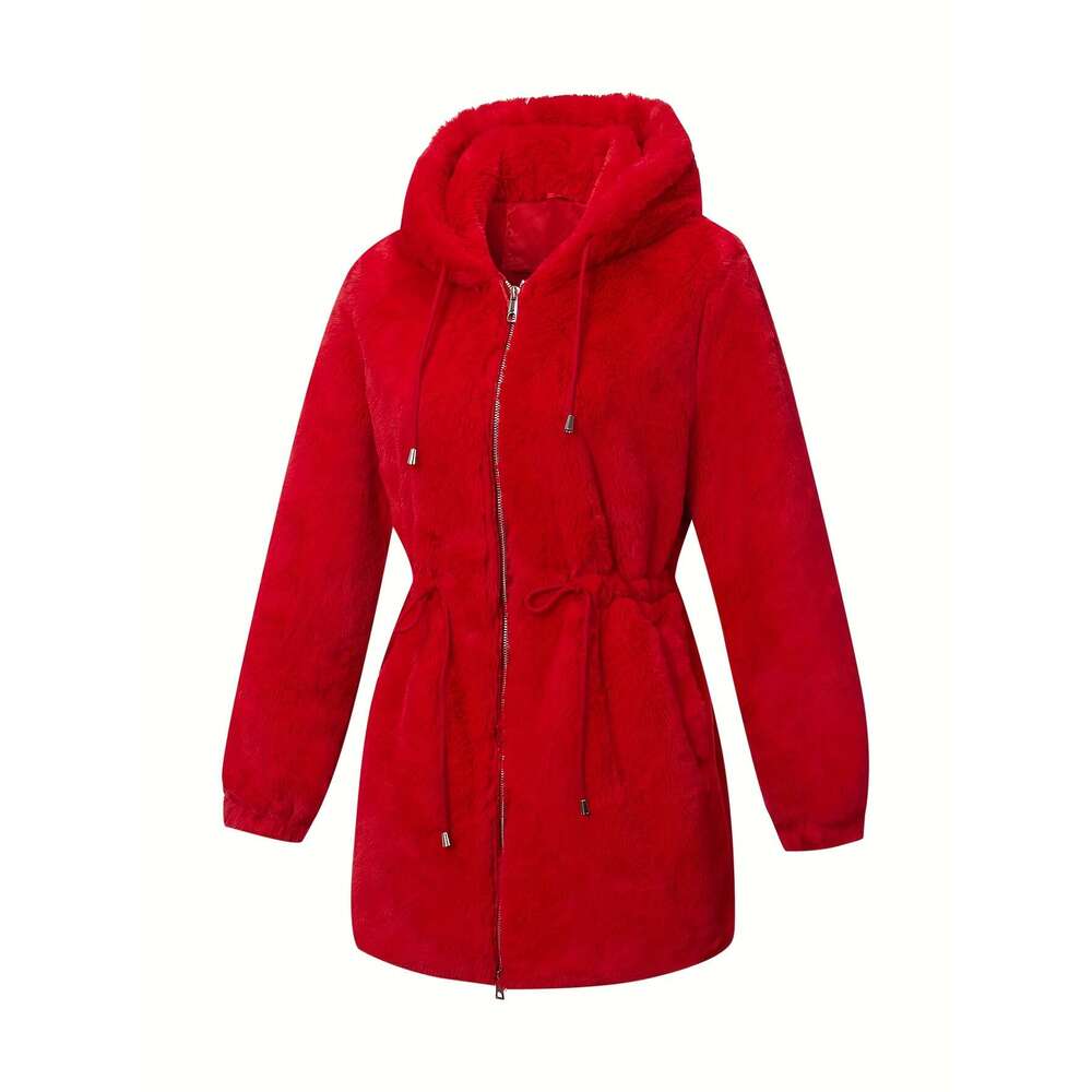 Women S Elegant Cream Faux Fur Hooded Jacket Casual Fall Winter Outerwear With Drawstring Waist And Zipper Pockets