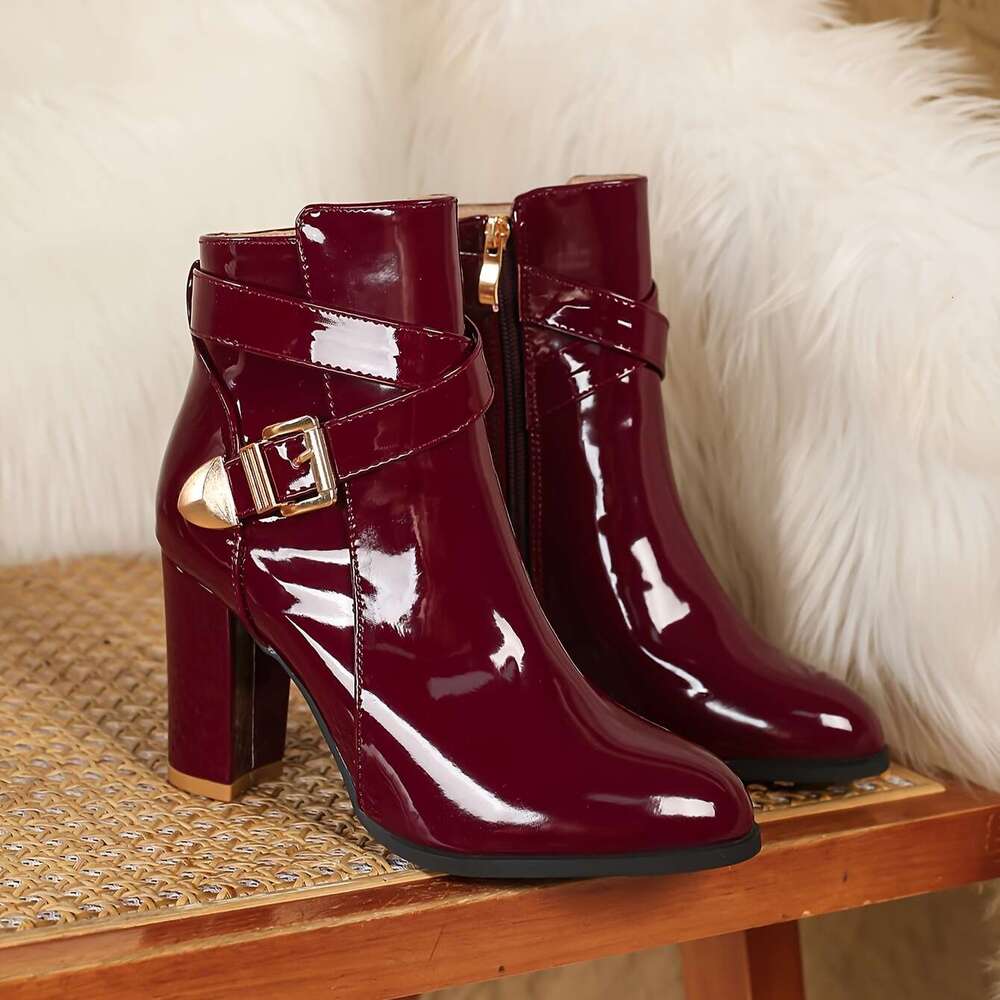 Women's Wine Red Glossy Cover Mid-Calf Boots - Thick Block Heel Pointed Toe With Golden Buckle Strap & Zipper Closure, British Retro Style Fit Al