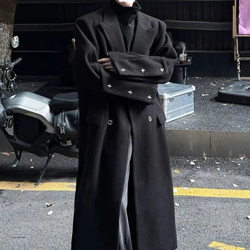 Autumn Winter Mens Versatile Length Woolen Coat Over Knee Double Breasted Tweed Windbreaker Outerwear Faionable Korean Style 251029