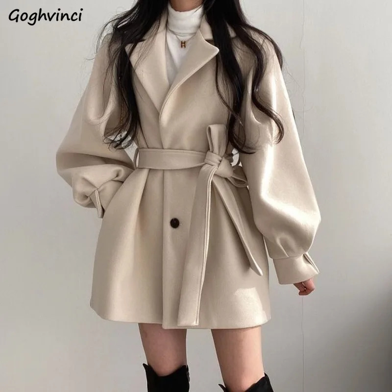 Women Solid Wool Blend Coat Slim Fit Belt Coats Female Warm Cotton Thicker Vneck Office Lady Elegant Trendy Button Outwear Ins 251028