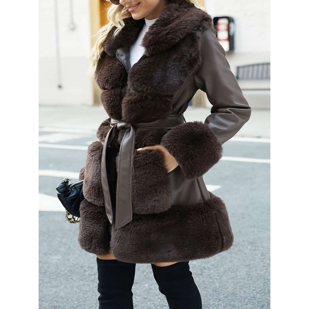 Women S Faux Fur Lined PU Jacket Casual Chic Brown Coat With Adjustable Belt Long Sleeves And Front Pockets For Fall Winter Stylish Outerwear Fall Wea