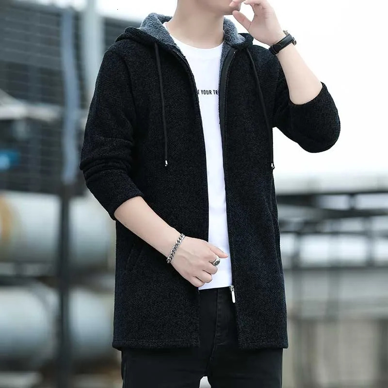 Mens Long Cardigan Thick Fleeced Knit Jackets Solid Color Hooded Sweater Coat Autumn Winter Padded Clothes 251017