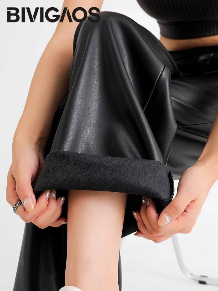 winter jacket women BIVIGAOS Fall Winter Fleece Loose Wide Leg Warm Leather Women Button Pocket High Waist Thick PU Casual Straight Pants534