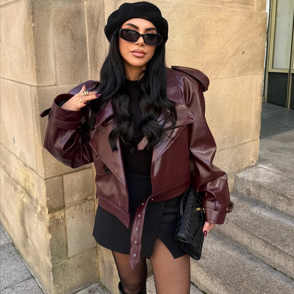 Talenza Women Vintage PU Leather Jacket Fashion Lapel Belt Patchwork High Waist Jacket Streetwear Casual Female Outwear 251029