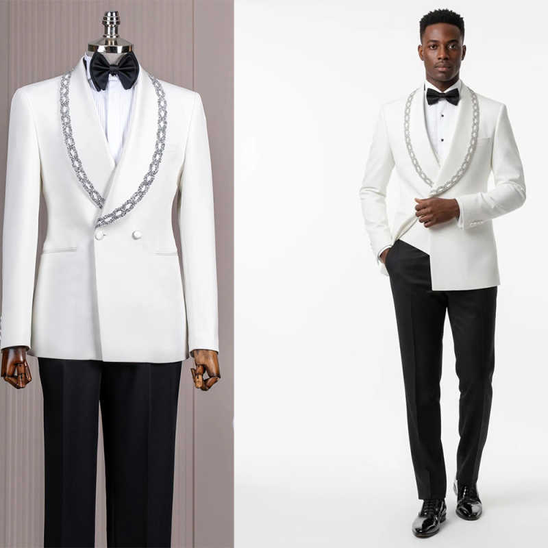 Formal Groom Wedding Tuxedos 2 Pieces Shawl Lapel Double Breasted Men Suits Crystals Prom Blazers Customized