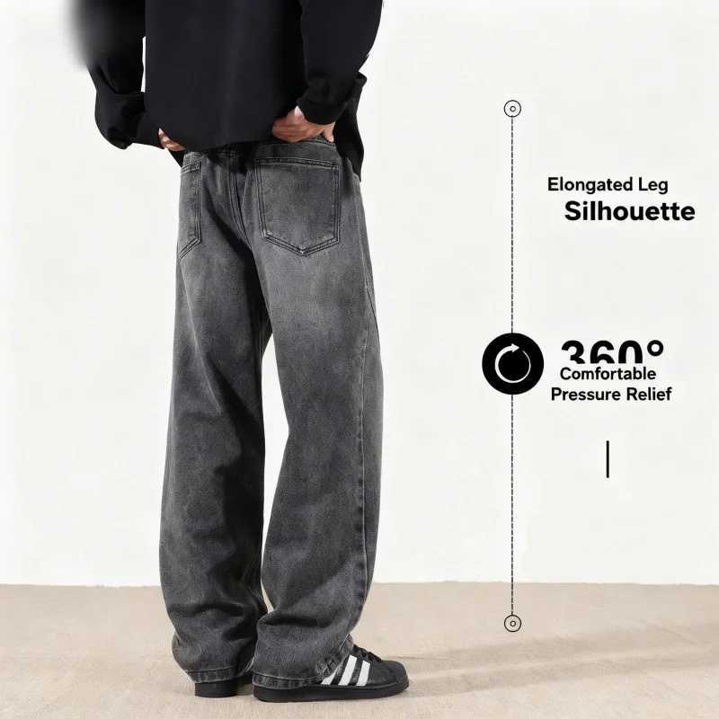 Jeans mens 2025 autumn new style American high street mens washed and worn drawstring trend straight leg denim pants J251030