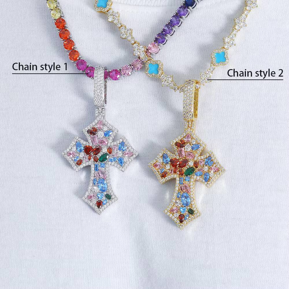 NUOYA New Arrival Multi Color moissanite Rhombic Cross Pendant Silver Iced Out Irregular Diamond Cross Charm Pendant Necklace Gift Designer's sty