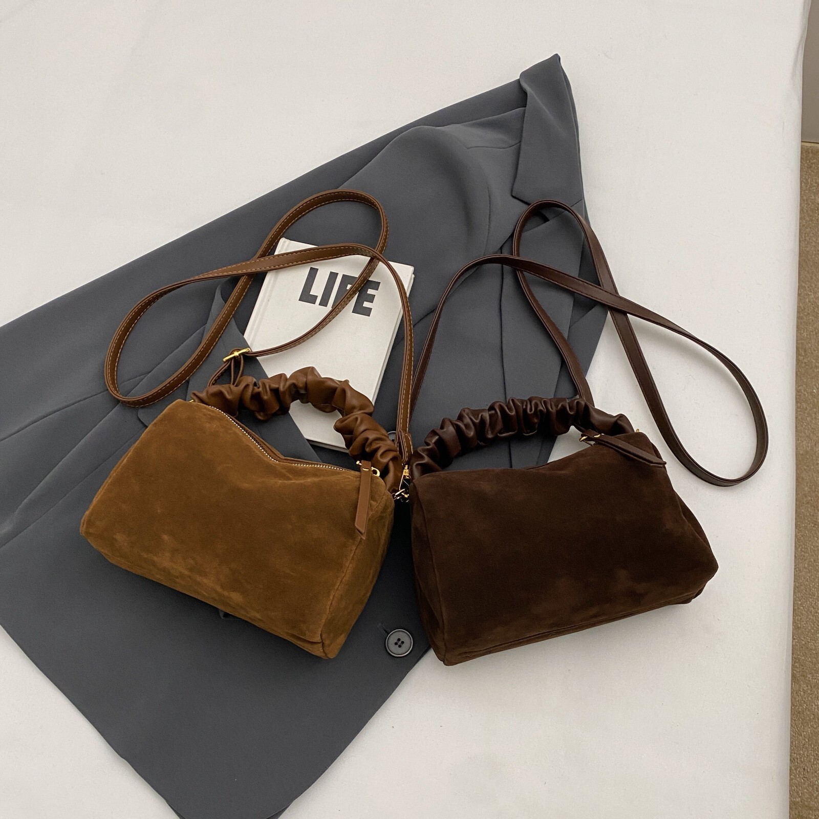 New French style popular suede small square bag, fashionable trend, large capacity commuting shoulder bag, versatile casual designer bag