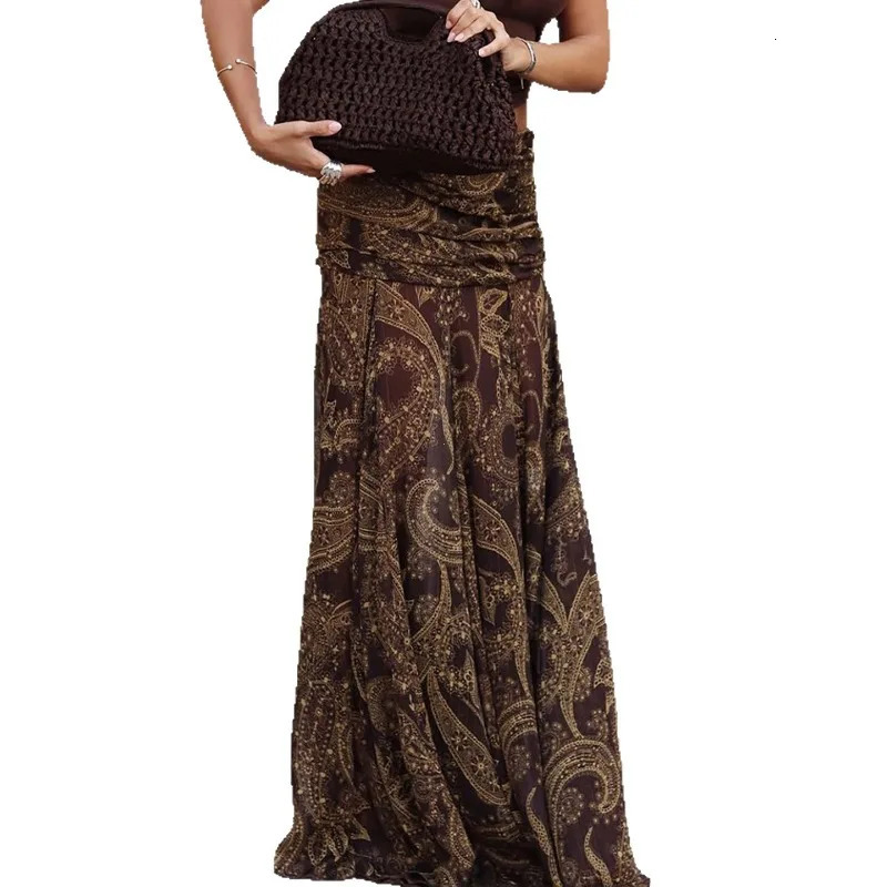 Irregular Printed Big Swing Long Skirts for Women High Waist Buttock Cover ALine Maxi Skirt Female Vintage Bottom Clothes 251028