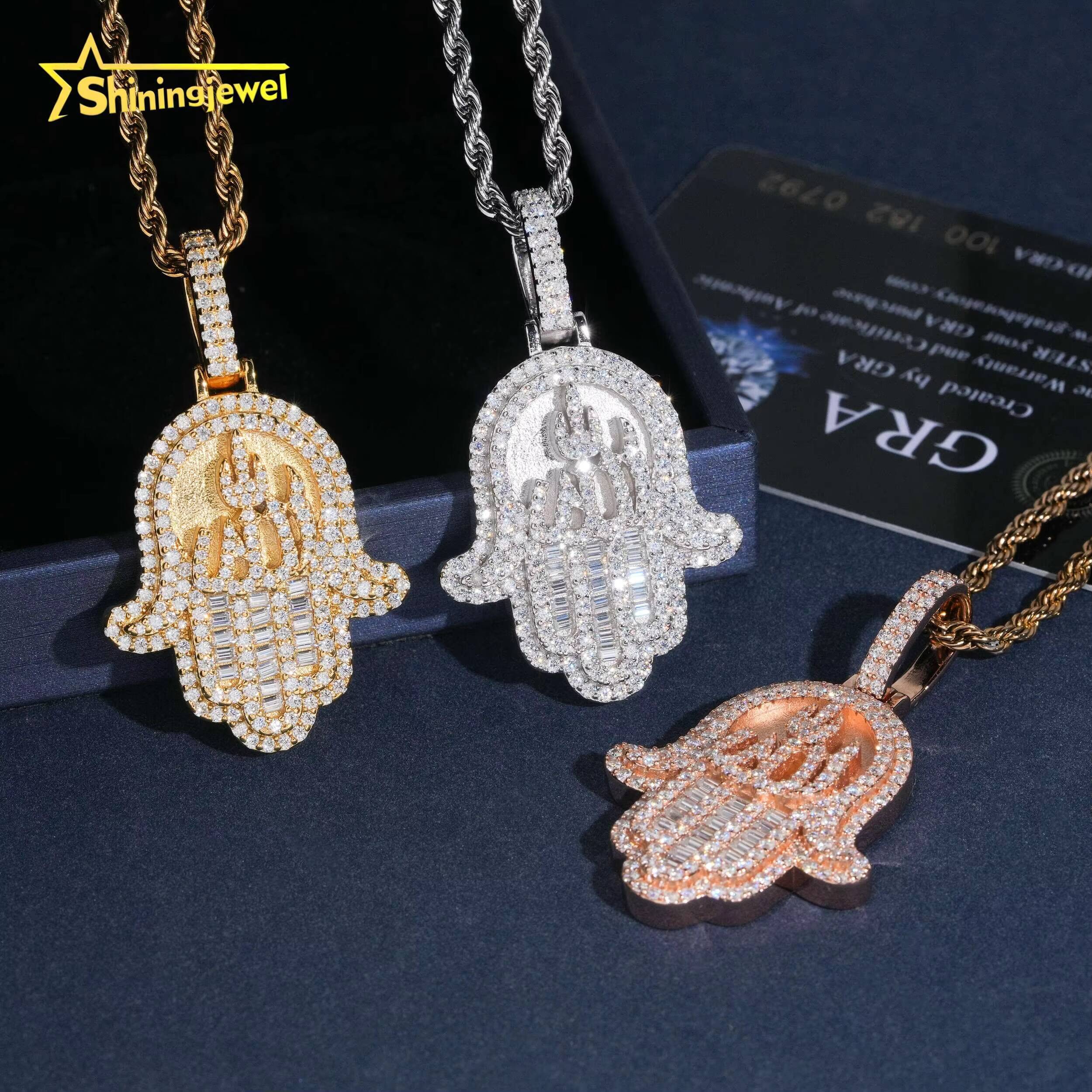 Classic 925 Silver Moissanite Hip Hop Jewelry Custom Iced Out Pendant VVS D Moissanite Diamond Hamsa Alllah Charm Pendant Designer's style